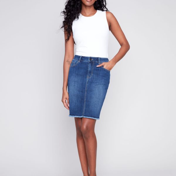 Charlie B C7042Y-431A Indigo Frayed Hem Denim Skort | Ooh Ooh Shoes women's clothing and shoe boutique located in Naples