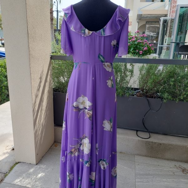 Piero Moretti Temi 346 Purple Flower Print Long Dress with Ruffles | Ooh Ooh Shoes women's clothing and shoe boutique located in Naples and Mashpee