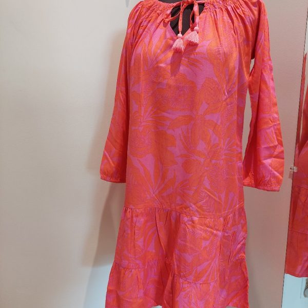 La Mer Luxe 179-A51 Punch/Blush Mykonos 3/4 Sleeve Emily Dress | Ooh Ooh Shoes woman's clothing and shoe boutique located in Naples and Mashpee