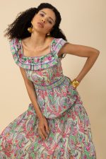 Hale Bob 52TR674A Ankle Length Jaime Voile Dress in Green Print worn on or off shoulder | Ooh Ooh Shoes woman's clothing and shoe boutique located in Naples Florida