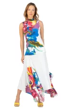 Eva Varro S12461C Long Asymmetrical Skirt in Celine Print | Ooh Ooh Shoes woman's clothing and shoe boutique located in Naples Florida.