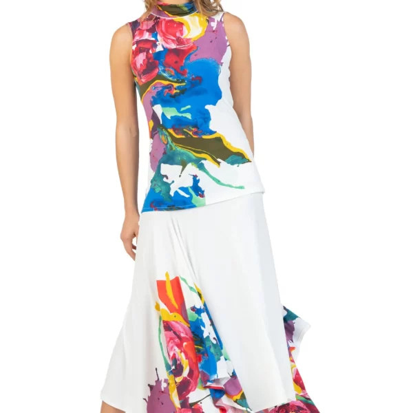 Eva Varro S12461C Long Asymmetrical Skirt in Celine Print | Ooh Ooh Shoes woman's clothing and shoe boutique located in Naples Florida.