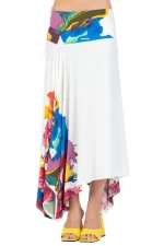 Eva Varro S12461C Long Asymmetrical Skirt in Celine Print | Ooh Ooh Shoes woman's clothing and shoe boutique located in Naples Florida.