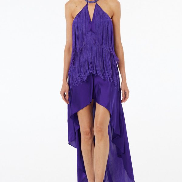 Qishma SLD-Q230 Purple Carmina High Low Maxi Dress With Fringe | Ooh Ooh Shoes women's clothing and shoe boutique located in Naples