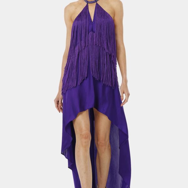 Qishma SLD-Q230 Purple Carmina High Low Maxi Dress With Fringe | Ooh Ooh Shoes women's clothing and shoe boutique located in Naples