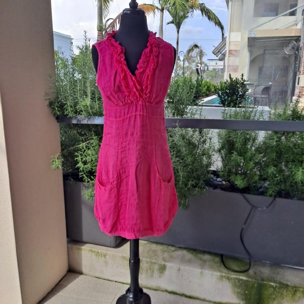 Look Mode 3131 Fuchsia Linen V Neck Triple Ruffle Top Dress | Ooh Ooh Shoes women's clothing and shoe boutique located in Naples and Mashpee