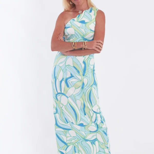 Ck Bradley One Shoulder Maxi Mallorca Dress in Mambo Sea Mist Color | Ooh Ooh Shoes woman's clothing and shoe boutique located in Naples Florida