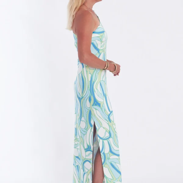 Ck Bradley One Shoulder Maxi Mallorca Dress in Mambo Sea Mist Color | Ooh Ooh Shoes woman's clothing and shoe boutique located in Naples Florida