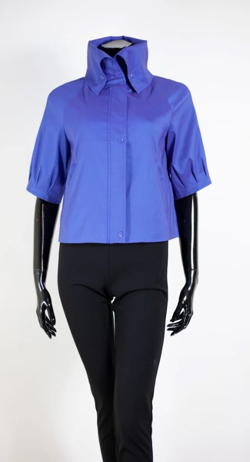 Samuel Dong 13102 Periwinkle Short Sleeve Water Resistant Stretch Dupioni Crop Jacket | Ooh Ooh Shoes woman's clothing and shoe boutique located in Naples and Mashpee