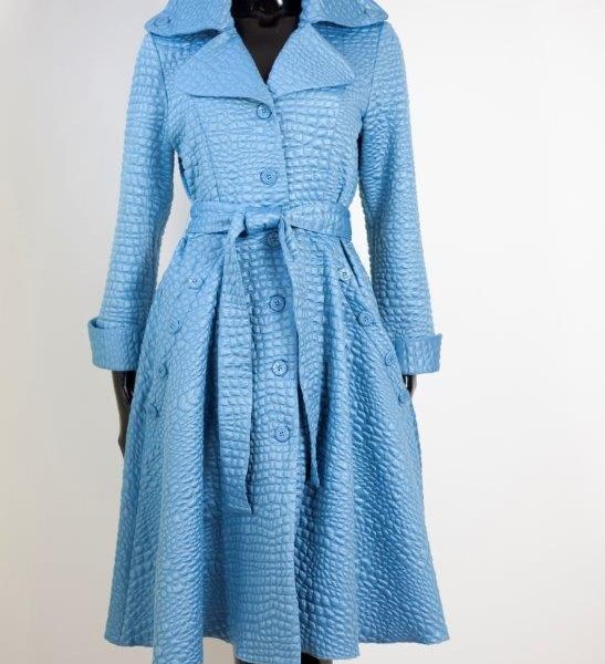 Samuel Dong F22023 Ice Blue Jacquard Knit A Line Coat | Oh Ooh Shoes womens clothing and shoe boutique located in Naples and Mashpee