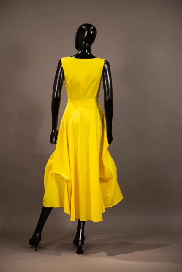 Samuel Dong S21016 Yellow Sleeveless Water Resistant Stretch Dupioni Long Dress | Ooh Ooh Shoes women's clothing and shoe boutique located in Naples and Mashpee