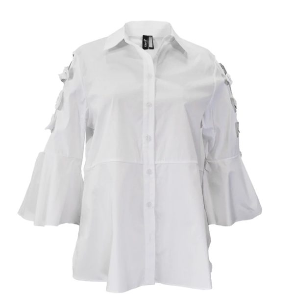 Ravel 1Y2204 White Button Up Front Blouse With Bows on Sleeve | Ooh Ooh Shoes women's clothing and shoe boutique located in Naples