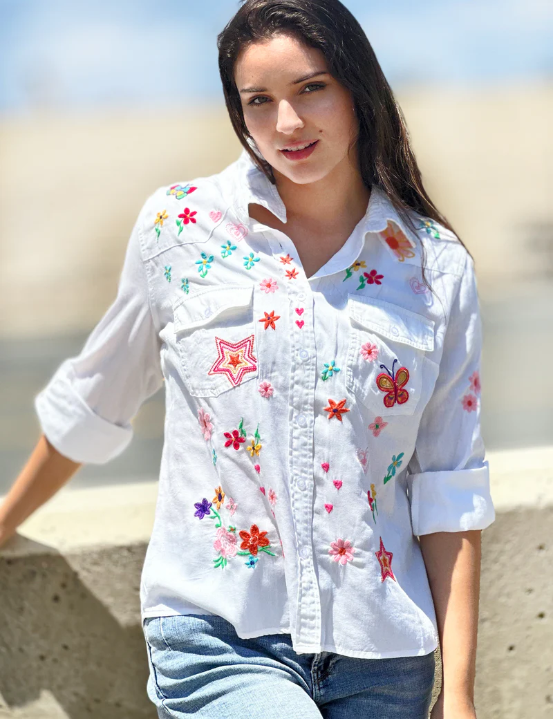 Billy T Embroidered Denim Shirt | Ooh Ooh Shoes woman's clothing and shoe boutique located in Naples Florida