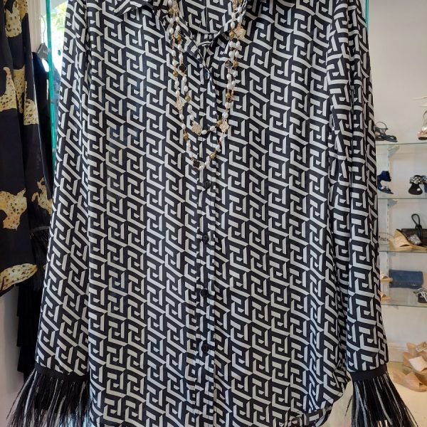 Oo La la M6013 Black/White Basketweave Geo Pattern Shirt with Buttoned Cuffs and Marabou Feathers | Ooh Ooh Shoes women's clothing and shoe boutique located in Naples and Mashpee