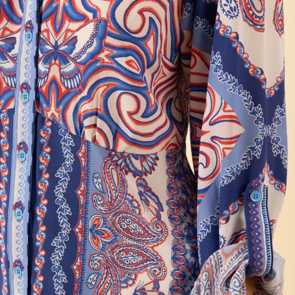 Hale Bob Hadlee silk dress with long sleeves button front with pockets at hips. 53WG652A Navy | Ooh Ooh Shoes woman's clothing and shoe boutique located in Naples FL