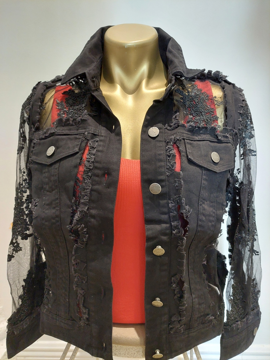 AZI Z11225 Black Denim/Lace Short Jacket | Ooh Ooh Shoes women's clothing and shoe boutique located in Naples and Mashpee