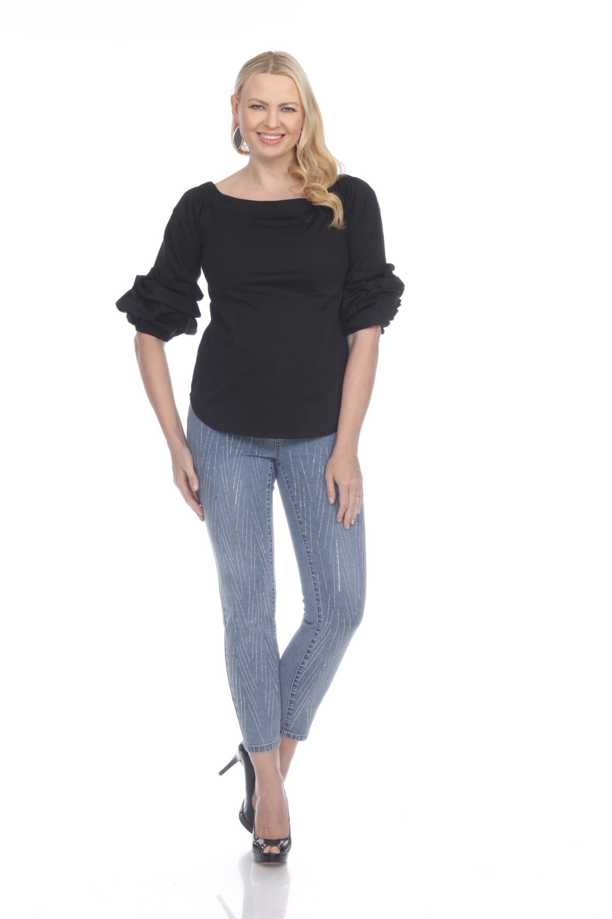 Brenda Zaro Z11986 Off Shoulder Top with Ruched Bell Sleeve| Ooh Ooh Shoes woman's clothing and shoe boutique located in Naples, Charleston and Mashpee