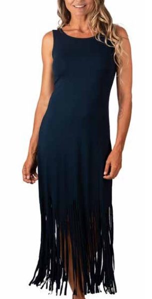 Zen Knits KM1609 Solid Navy Sleeveless Fringe Bottom Dress | Ooh Ooh Shoes women's clothing and shoe boutique located in Naples and Mashpee