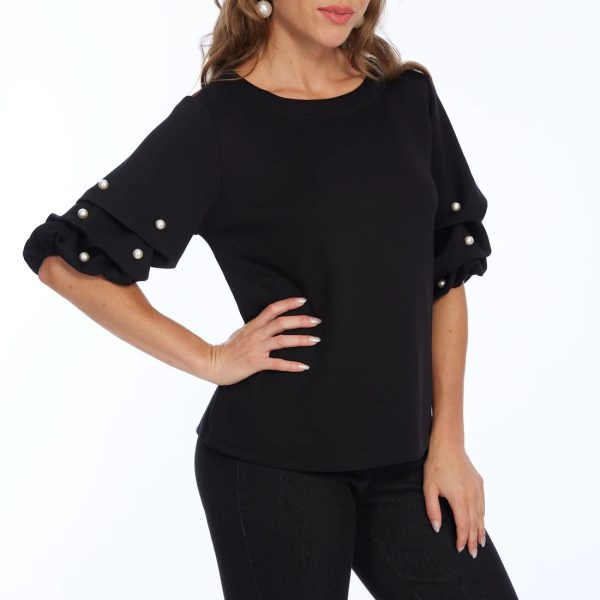 Lior Zila Black Round Neck Knit Top With Pearl Puff Short Sleeve | Ooh Ooh Shoes women's clothing and shoe boutique located in Naples