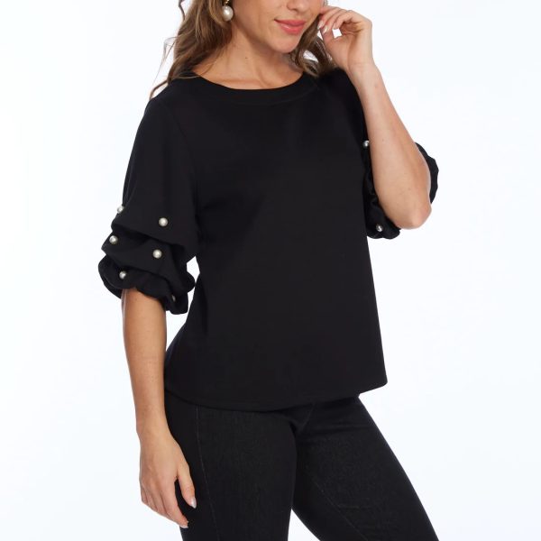 Lior Zila Black Round Neck Knit Top With Pearl Puff Short Sleeve | Ooh Ooh Shoes women's clothing and shoe boutique located in Naples