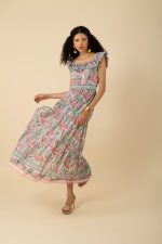 Hale Bob 52TR674A Ankle Length Jaime Voile Dress in Green Print worn on or off shoulder | Ooh Ooh Shoes woman's clothing and shoe boutique located in Naples Florida
