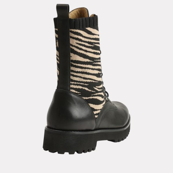Andre Assous Miri Women's Boot Combat Style Boot with Black Leather and Zebra Print Side | Ooh! Ooh! Shoes Women's Shoes and Clothing Boutique Naples, Charleston and Mashpee