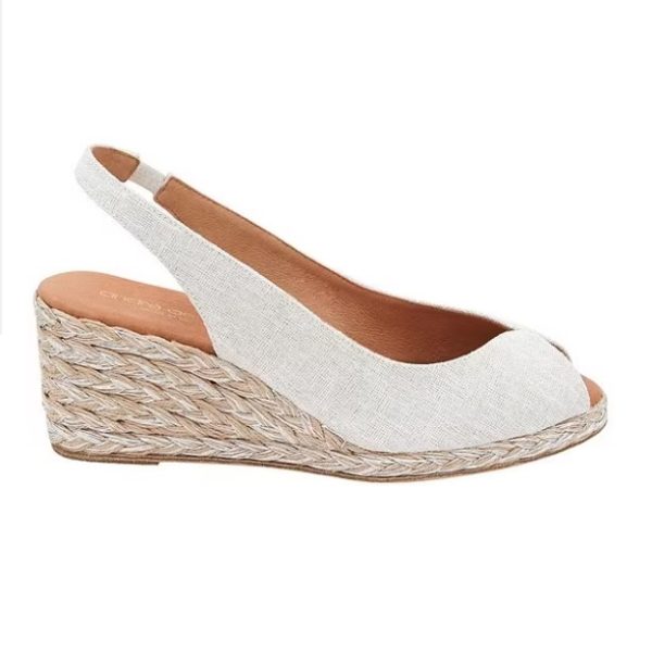 Andre Assous Audrey White Silver Linen Peep Toe Espadrille Wedge | Ooh Ooh Shoes women's clothing and shoe boutique located in Naples