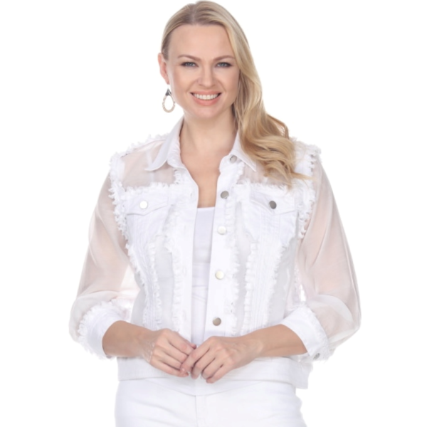 AZI Z11225 White Denim and Lace Short Jacket| Ooh Ooh Shoes woman's clothing and shoe boutique located in Naples, Charleston and Mashpee