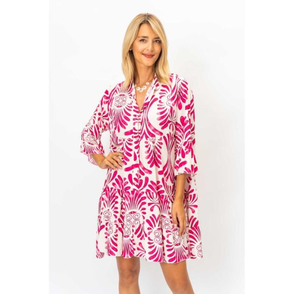 Look Mode 10727AZ Fuchsia One Size Aztec Print Baby Doll Dress | Ooh Ooh Shoes women's clothing and shoe boutique located in Naples