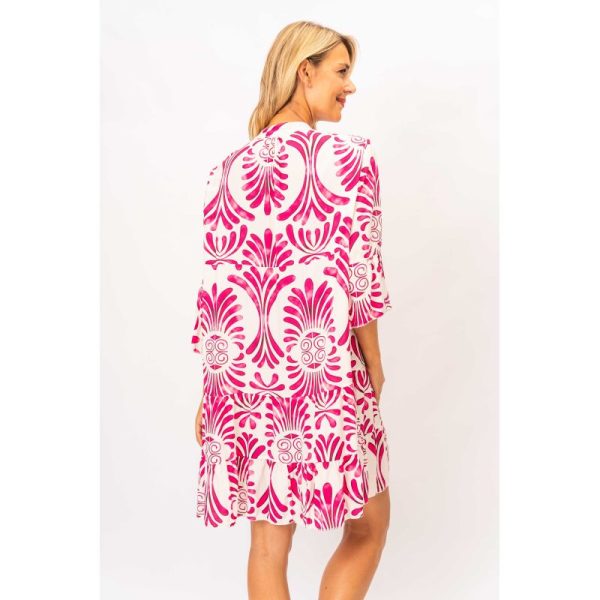 Look Mode 10727AZ Fuchsia One Size Aztec Print Baby Doll Dress | Ooh Ooh Shoes women's clothing and shoe boutique located in Naples