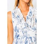 Look Mode 3131L White Linen Banana Leaf Print V Neck Triple Ruffle Top Dress | Ooh Ooh Shoes women's clothing and shoe boutique located in Naples