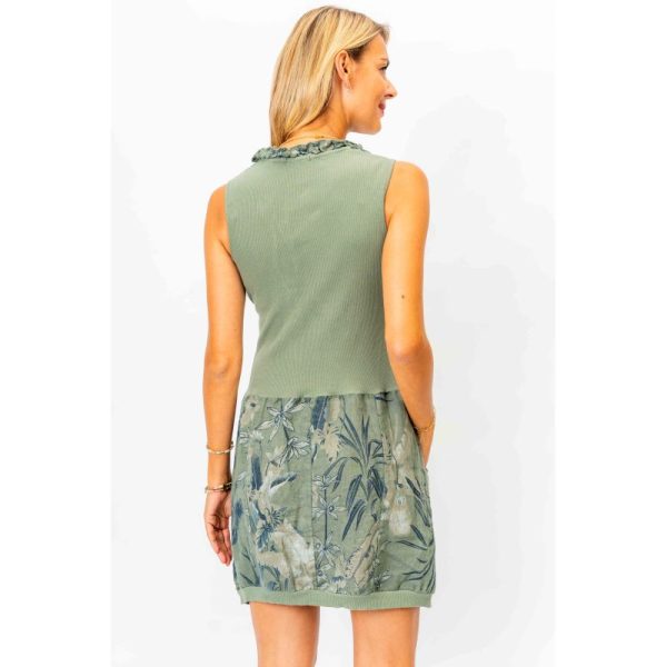 Look Mode 3131L Olive Linen Banana Leaf Print V Neck Triple Ruffle Top Dress | Ooh Ooh Shoes women's clothing and shoe boutique located in Naples