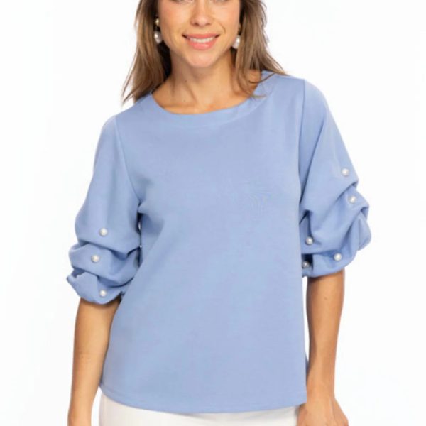 Lior Zila Cornflower Round Neck Knit Top With Pearl Puff Short Sleeve | Ooh Ooh Shoes women's clothing and shoe boutique located in Naples