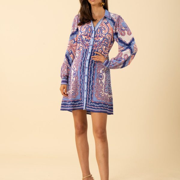 Hale Bob Hadlee silk dress with long sleeves button front with pockets at hips. 53WG652A Navy | Ooh Ooh Shoes woman's clothing and shoe boutique located in Naples FL