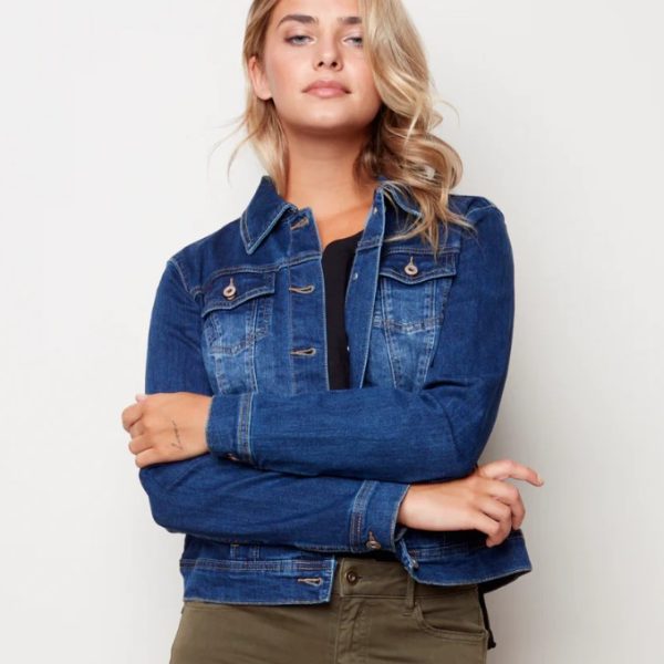 Charlie B C6302S-431A Indigo Long Sleeve Stretchy Basic Jean Jacket | Ooh Ooh Shoes women's clothing and shoe boutique located in Naples and Mashpee