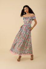 Hale Bob 52TR674A Ankle Length Jaime Voile Dress in Green Print worn on or off shoulder | Ooh Ooh Shoes woman's clothing and shoe boutique located in Naples Florida