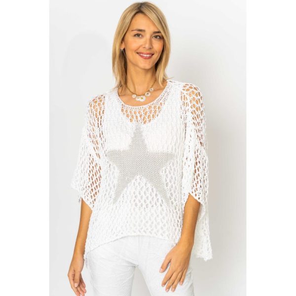 Look Mode 8355S One Size White Crochet Sweater With Silver Star | Ooh Ooh Shoes women's clothing and shoe boutique located in Naples