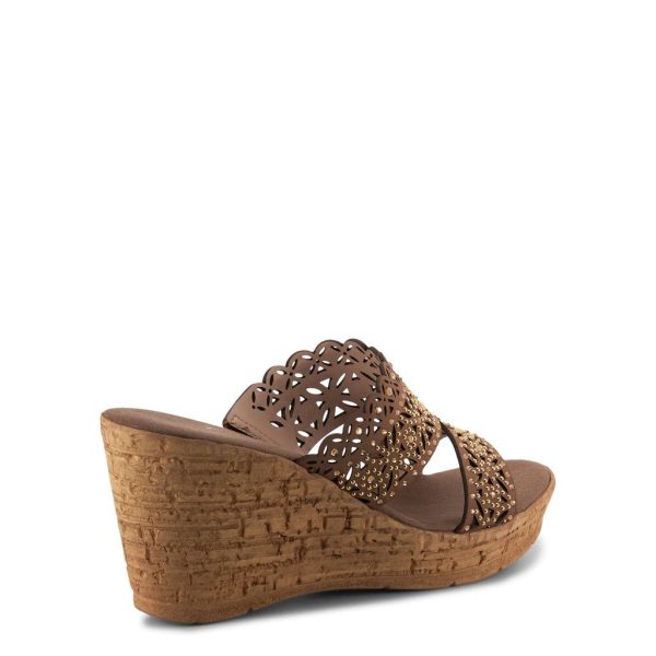 Onex Harlo Brown Leather Laser Cut Slide Wedge Sandal with Studs | Ooh Ooh Shoes women's clothing and shoe boutique located in Naples and Mashpee