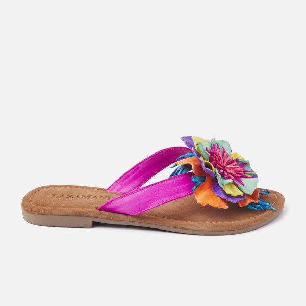 Lazamani 33.726 Fuchsia Leather Sandal with Multi Colored Flower | Ooh Ooh Shoes women's clothing and shoe boutique located in Naples and Mashpee