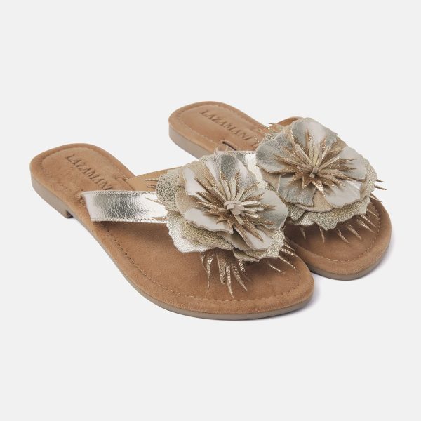 Lazamani 33.518 Gold Leather Sandal with Flower | Ooh Ooh Shoes women's clothing and shoe boutique located in Naples and Mashpee