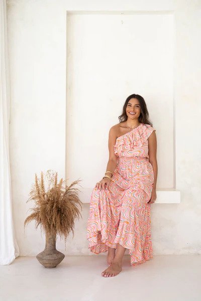 Skemo DMW-OSDR Coral Dreamweave One Shoulder Long Maxi Dress | Ooh Ooh Shoes women's clothing and shoe boutique located in Naples and Mashpee