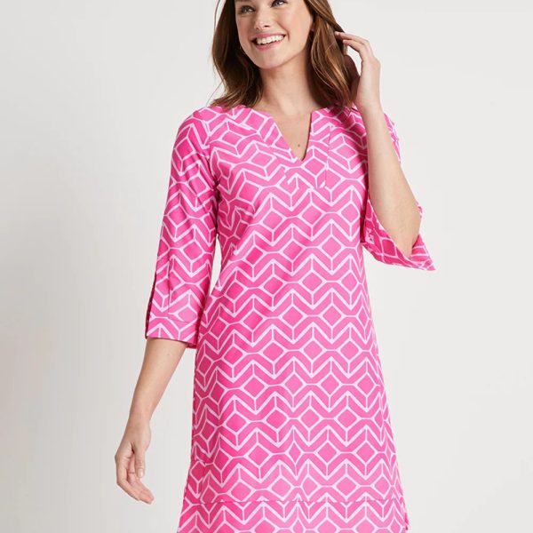 Jude Connally 101111 Sail Geo Tonal Pink V Neckline with 3/4 Sleeve Jude Cloth Megan Dress | Ooh Ooh Shoes women's clothing and shoe boutique located in Naples and Mashpee