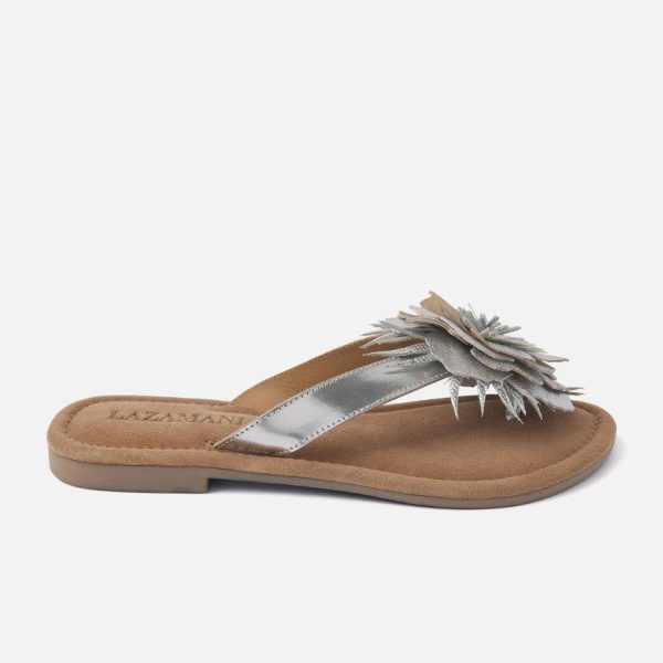 Lazamani 33.518 Silver Leather Sandal with Flower | Ooh Ooh Shoes women's clothing and shoe boutique located in Naples and Mashpee
