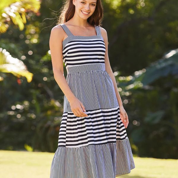 Jude Connally 101447 Stripe Pinstripe Navy Sleeveless Jude Cloth Pepper Dress | Ooh Ooh Shoes women's clothing and shoe boutique located in Naples and Mashpee