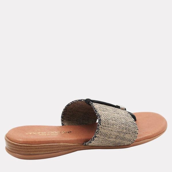 Andre Assous Nice Black/Beige Linen thong style sandal with leather padded footbed and wide elastic band| Ooh! Ooh! Shoes woman's clothing and shoe boutique located naples and mashpee