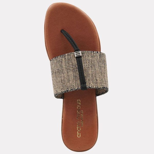 Andre Assous Nice Black/Beige Linen thong style sandal with leather padded footbed and wide elastic band| Ooh! Ooh! Shoes woman's clothing and shoe boutique located naples and mashpee