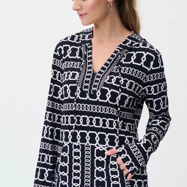 Joseph Ribkoff 231259 Midnight Blue/Multi Chain Print V Neckline Hooded Tunic | Ooh Ooh Shoes women's clothing and shoe boutique located in Naples and Mashpee