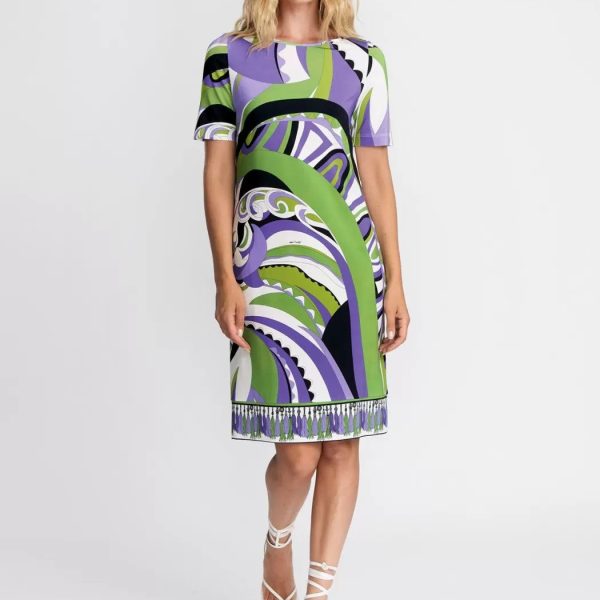 Piero Moretti Torre 375 Green/Purple Print Short Sleeve Sheath Dress | Ooh Ooh Shoes women's clothing and shoe boutique located in Naples and Mashpee