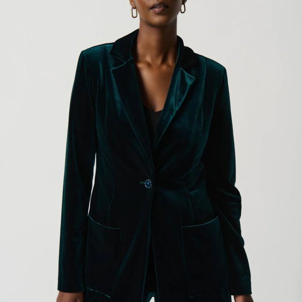 Joseph Ribkoff 234288 Dark Green Velvet Classic Blazer with Front Pockets | Ooh Ooh Shoes women's clothing and shoe boutique located in Naples