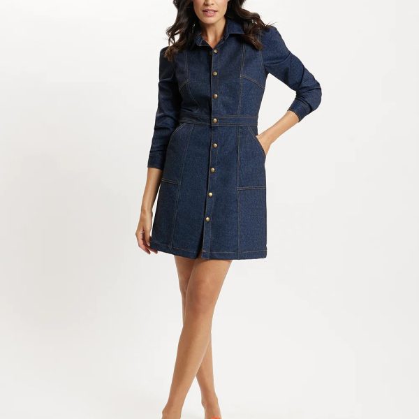Jude Connally 112458 Navy Bracelet Length Sleeve Jude Denim Solange Dress | Ooh Ooh Shoes women's clothing and shoe boutique located in Naples